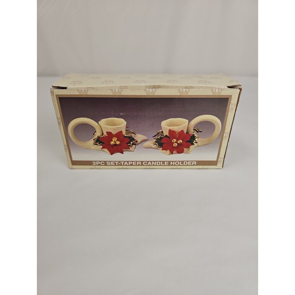 Christmas Poinsettia Taper Candle Holder Set of 2 Holiday Decor in Box